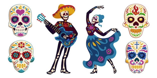 Free vector dia de los muertos characters set