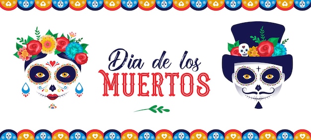 Dia de los muertos day of the dead mexican holiday festival poster banner and card with make up of Premium Vector