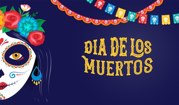 Dia de los muertos day of the dead mexican holiday festival poster banner and card with make up of