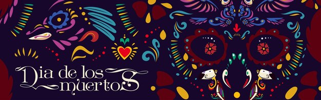 Плакат Dia de los Muertos с причудливым рисунком черепа с цветами, сердцами и птицами на черном фоне. Векторный баннер Дня мертвых в Мексике с карикатурой традиционной мексиканской печати