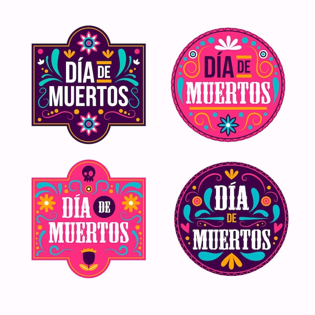 Vettore gratuito collezione di badge dia de muertos in design piatto