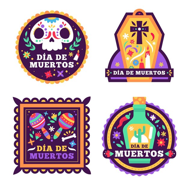 Dia de muertos badge collection in flat design