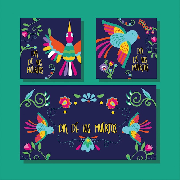 Dia de muertos card lettering with birds and flowers