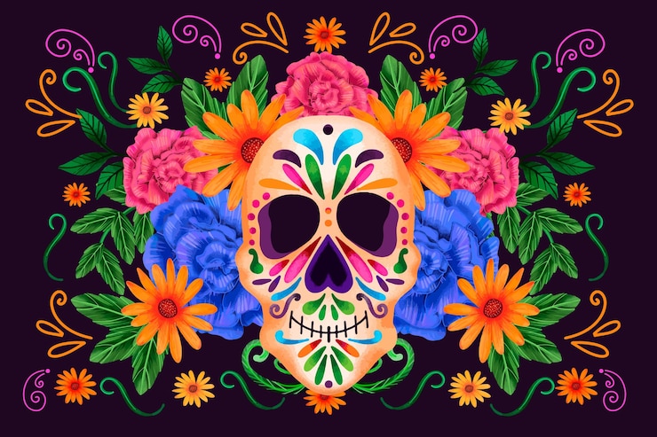 Free Vector dia de muertos front view skull with flowers background
