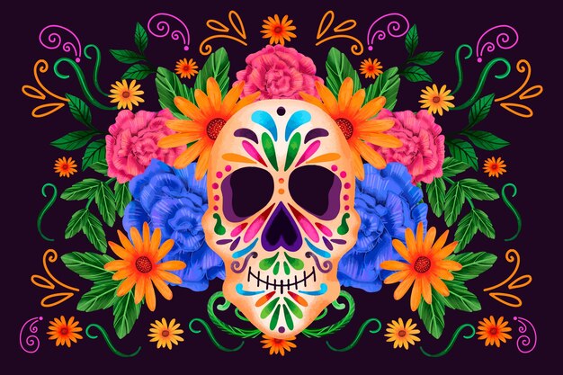 Dia de muertos front view skull with flowers background