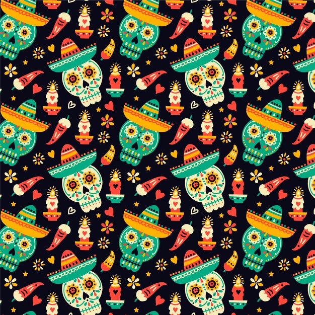 Dia de muertos hand drawn skull pattern