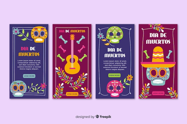 Free vector día de muertos instagram cards collection