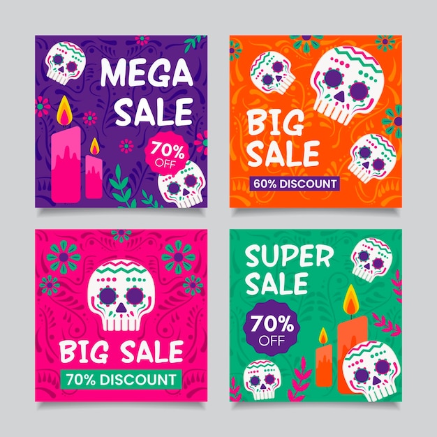 Free vector dia de muertos instagram post collection