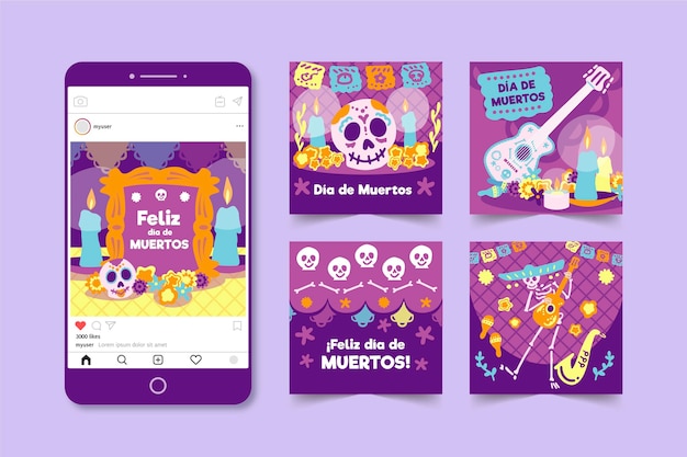 Free vector día de muertos instagram post collection