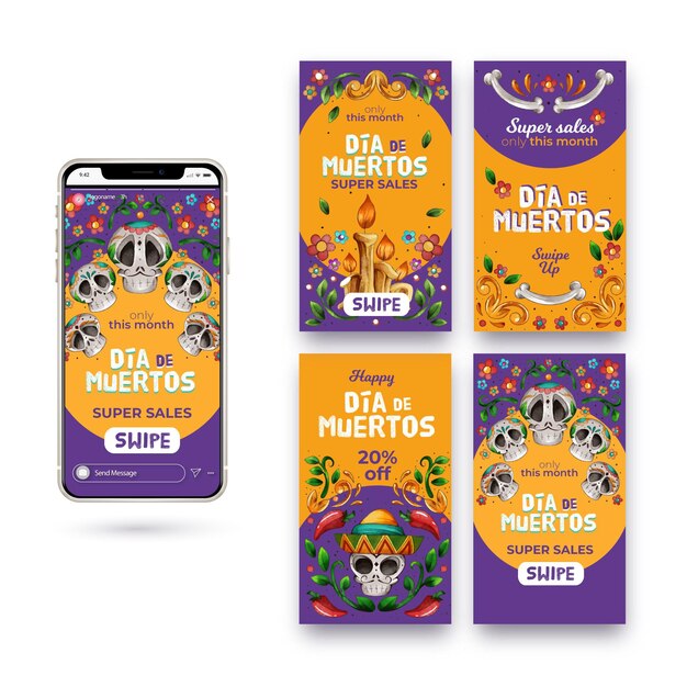 Vettore gratuito set di storie di instagram día de muertos