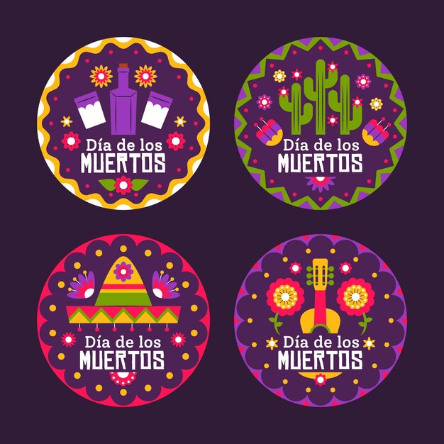 Dia de muertos label collection in flat desgin