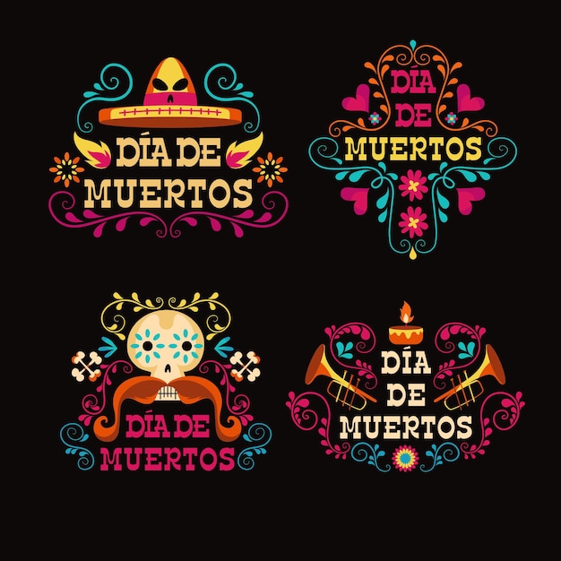 Free vector dia de muertos label collection in flat desgin