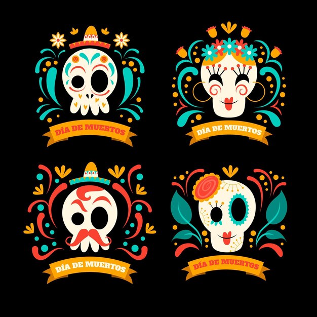 Vettore gratuito collezione di etichette dia de muertos in design piatto