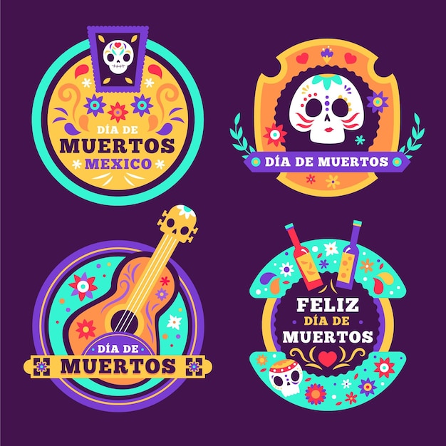 Collezione di etichette dia de muertos in design piatto