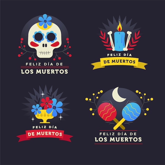 Vettore gratuito collezione di etichette dia de muertos in design piatto