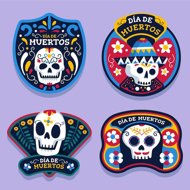 Día de muertos label collection in flat design