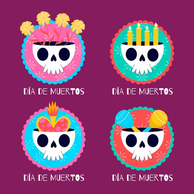 Día de muertos label collection in flat design