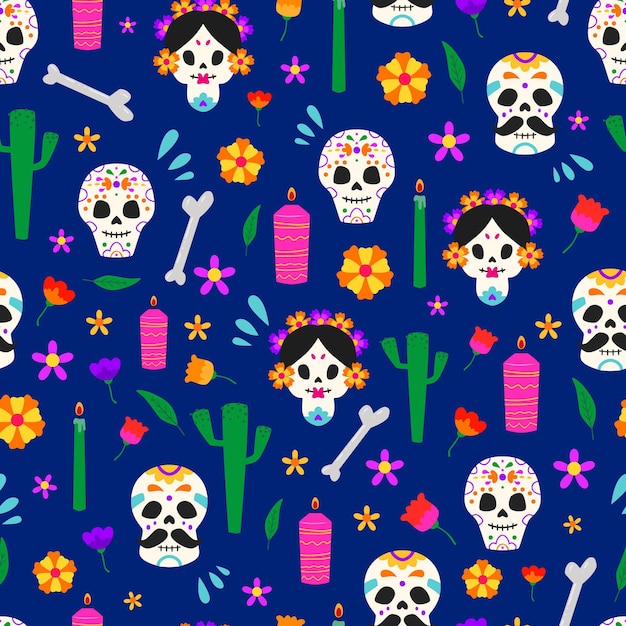 Шаблон dia de muertos в плоском дизайне