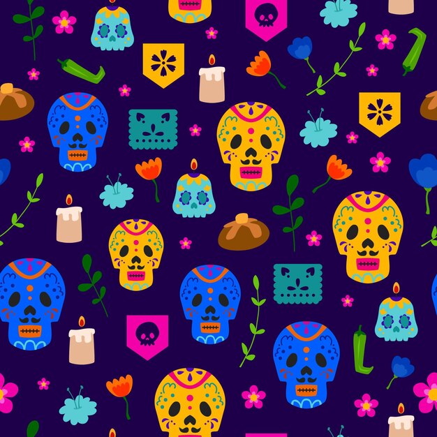 평면 디자인의 Dia de muertos 패턴