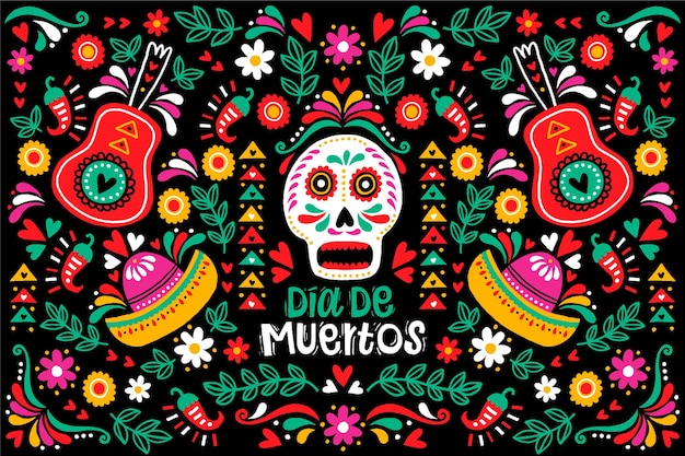 Dia de muertos skull and guitar background