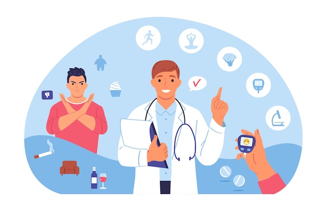 Free vector diabetes composition with doodle characters of patient and doctor surrounded by round icons of precaution items vector illustration
