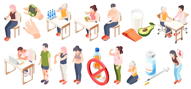 Free vector diabetes isometric icon set with symptoms diet testing blood glucose and restrictions descriptions vector illustration