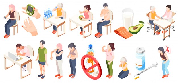 Диабет изометрической набор иконок с симптомами диеты, тестирование уровня глюкозы в крови и ограничения описания векторная иллюстрация