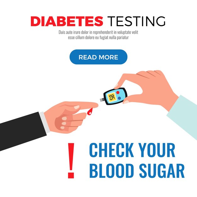 Diabetes testing information on checking blood sugar with glucose meter procedure web page flat design illustration