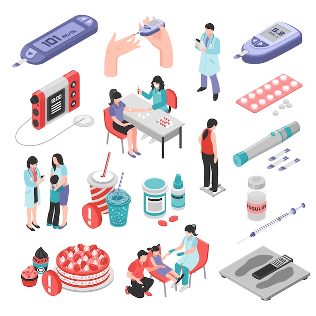 Free vector diabetes treatment isometric set