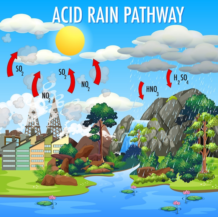 मुफ़्त वेक्टर diagram showing acid rain pathway