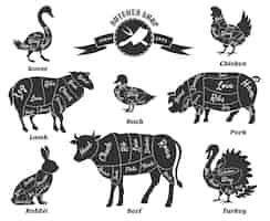 Free vector diagrams for butcher shop set