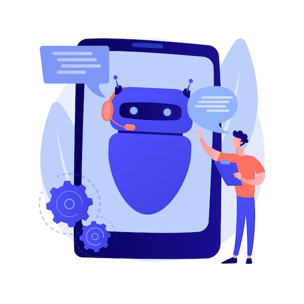 Dialog with chatbot. Artificial intelligence reply to question. Tech support, instant messaging, hotline operator. AI assistant. Client bot consultant. Vector isolated concept metaphor illustration.