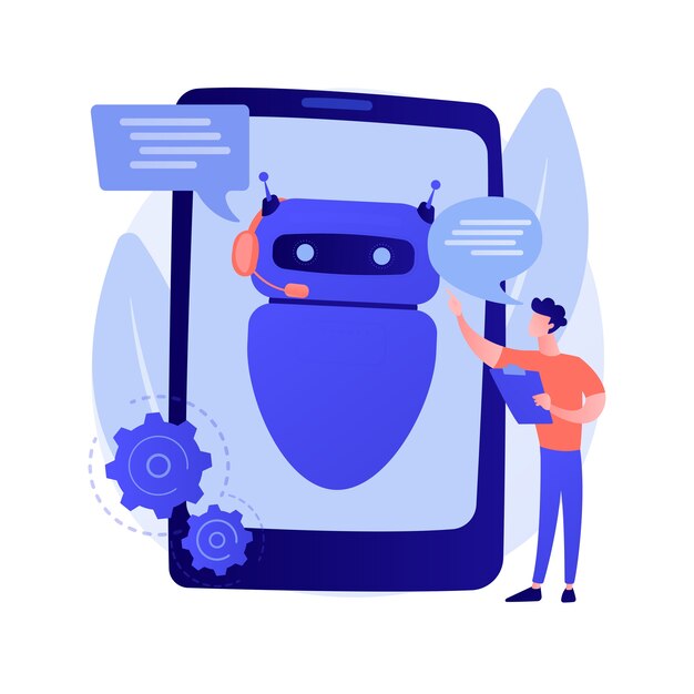 Dialog with chatbot. Artificial intelligence reply to question. Tech support, instant messaging, hotline operator. AI assistant. Client bot consultant. Vector isolated concept metaphor illustration.