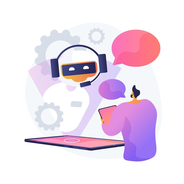 Dialogo con il chatbot. risposta dell'intelligenza artificiale alla domanda. supporto tecnico, messaggistica istantanea, operatore hotline. assistente ai. consulente bot client. illustrazione della metafora del concetto isolato di vettore.