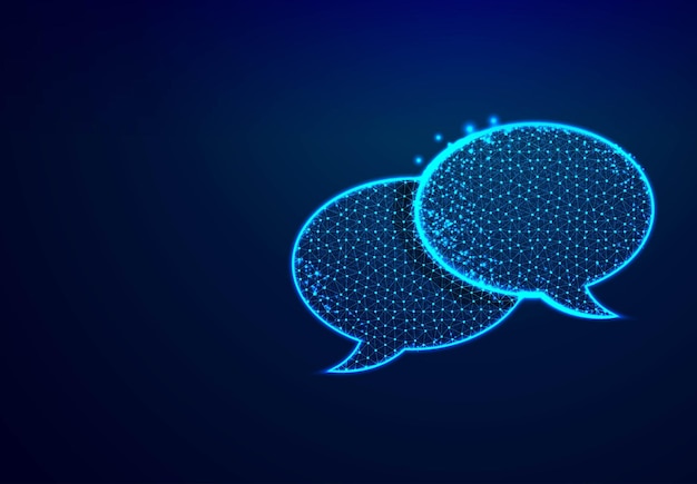Dialogue chat clouds speech bubble icon from lines triangles and particle style design low poly technology devices people communication concept on blue background