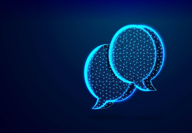 Free vector dialogue chat clouds speech bubble icon from lines triangles and particle style design low poly technology devices people communication concept on blue background