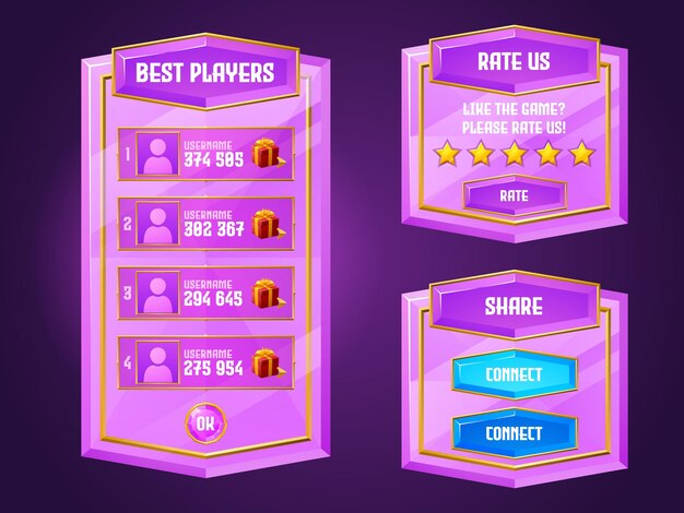 ダイヤモンドゲームメニュー、ボタン付きゲーマーUIパネル、GUI要素付きのピンクの漫画クリスタルインターフェイス。最高のプレーヤー、私たちを評価し、ボードをユーザープロファイルと共有して接続し、星を評価する孤立したベクトルセット