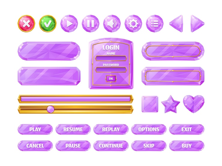 Free Vector diamond game ui buttons, pink crystal progress bar, cartoon menu interface gui elements. user setting panel, slider, star, heart, pause and arrows login and password board, isolated vector icons set