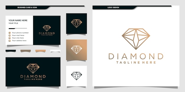 Diamond logo with unique line art style and business card design premium vecto