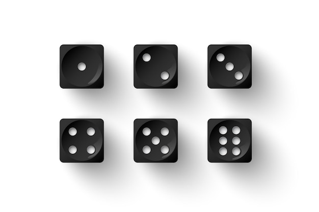 白い点を持つダイスゲームの黒い立方体1〜6個の点と白い背景で分離された丸みを帯びたエッジのデザインからカジノダイスで遊ぶための3Dリアルなギャンブルオブジェクト