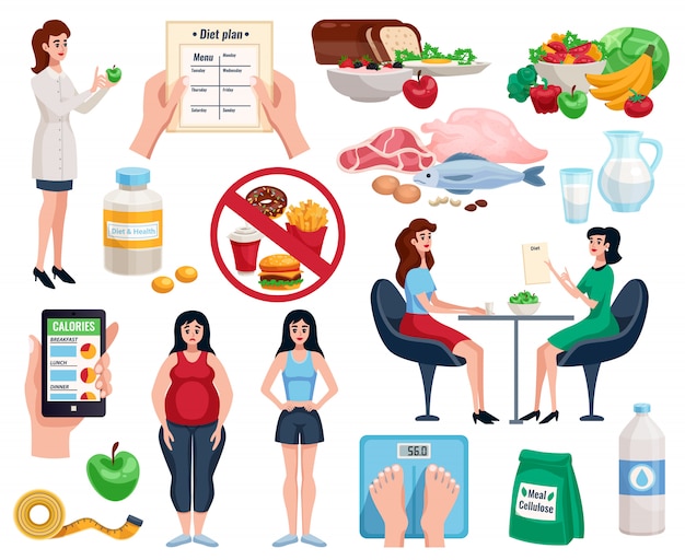 Free vector diet elements set with basic nutrition for good health and useful dishes for lose weight