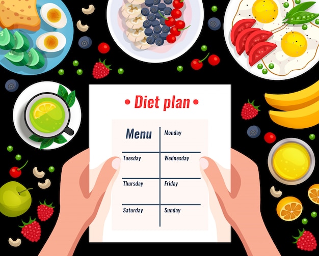 Free vector diet plan cartoon illustration with different useful dishes and menu sheet in woman hands