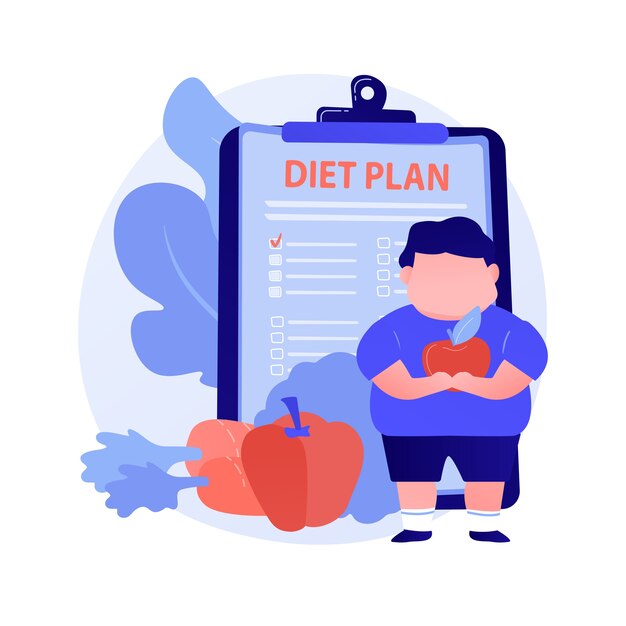 dieting. overweight man cartoon character eating apples and carrots instead of hamburger and junk food. weightloss, nutrition, balanced diet. vector isolated concept metaphor illustration
