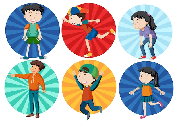 Different active kids simple cartoon character