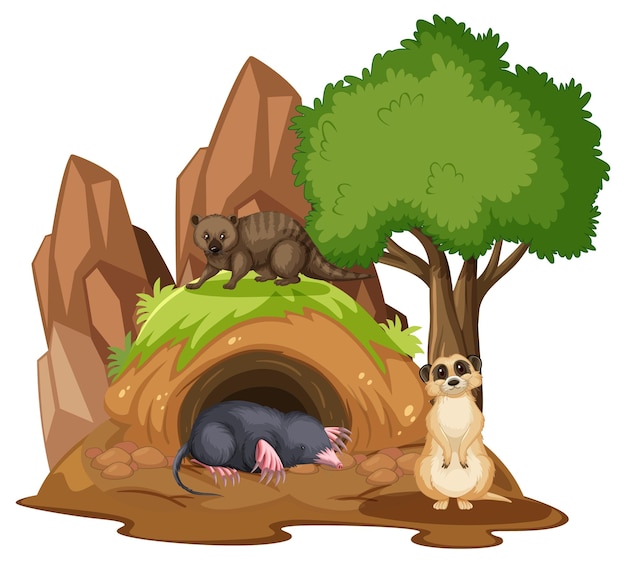 Free vector different animals in burrow on white background