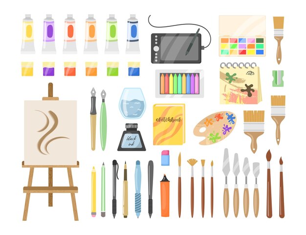 Different art supplies vector illustrations set. Tools and equipment for painting and drawing: paint tubes, brushes, pencils, watercolor isolated on white background. Art, craft, creativity concept