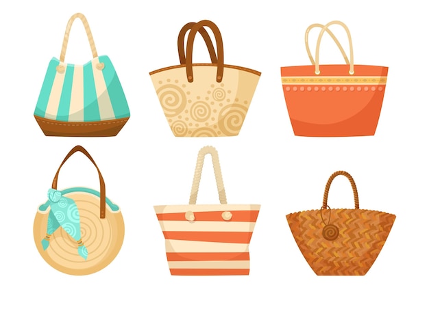 Different beach bags for women vector illustrations set. Collection of cartoon drawings with woven bags for vacation or holiday isolated on white background. Fashion, accessories, summer concept