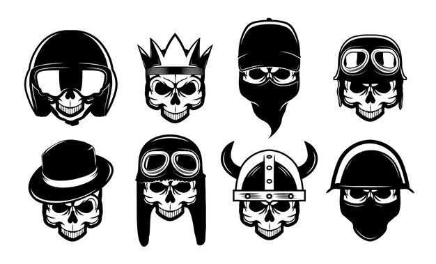 Different black skulls in bandana, hat or helmet flat icon set. Bikers rock symbols for tattoo or motorcycle vector illustration collection. Rebel, anarchism and freedom 