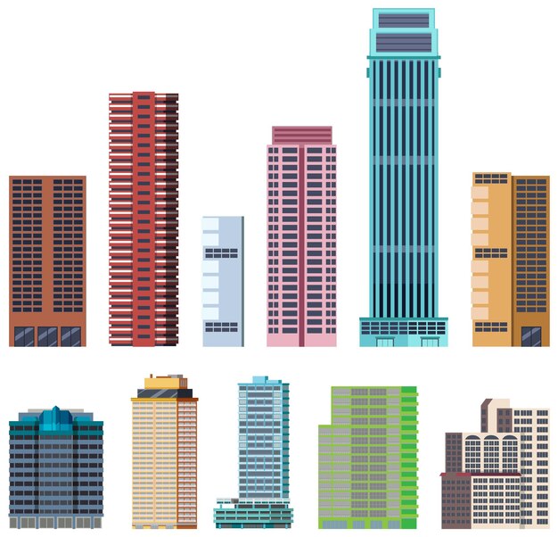 Different buildings set on white background