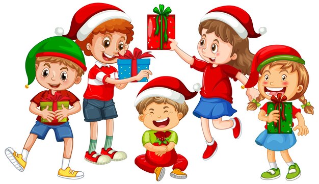 Разные дети в костюмах на рождественскую тему и держатся с подарочной коробкой, изолированной на белом